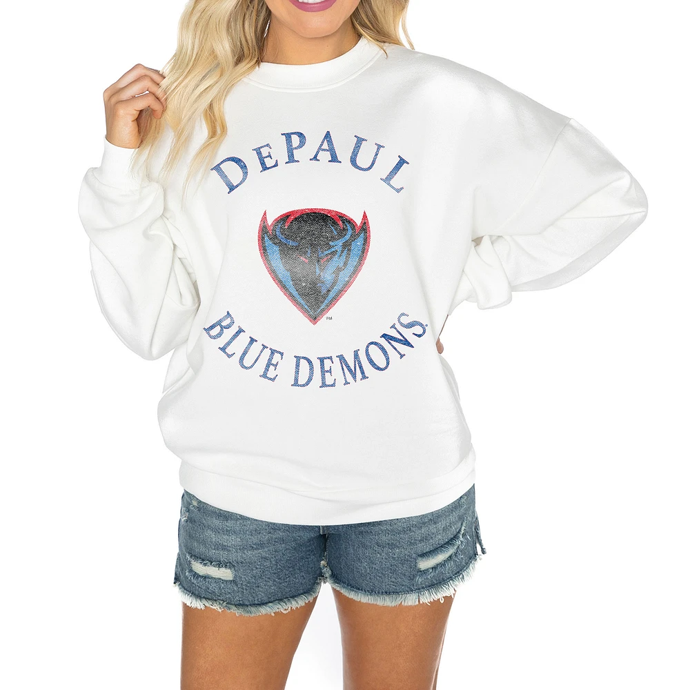Women's Gameday Couture White DePaul Blue Demons Good Vibes Premium Fleece Drop Shoulder Pullover Sweatshirt