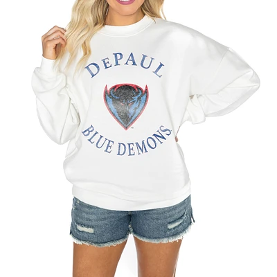Women's Gameday Couture White DePaul Blue Demons Good Vibes Premium Fleece Drop Shoulder Pullover Sweatshirt