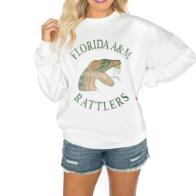 Women's Gameday Couture White Florida A&M Rattlers Oversized Good Vibes Premium Fleece Drop Shoulder Pullover Sweatshirt