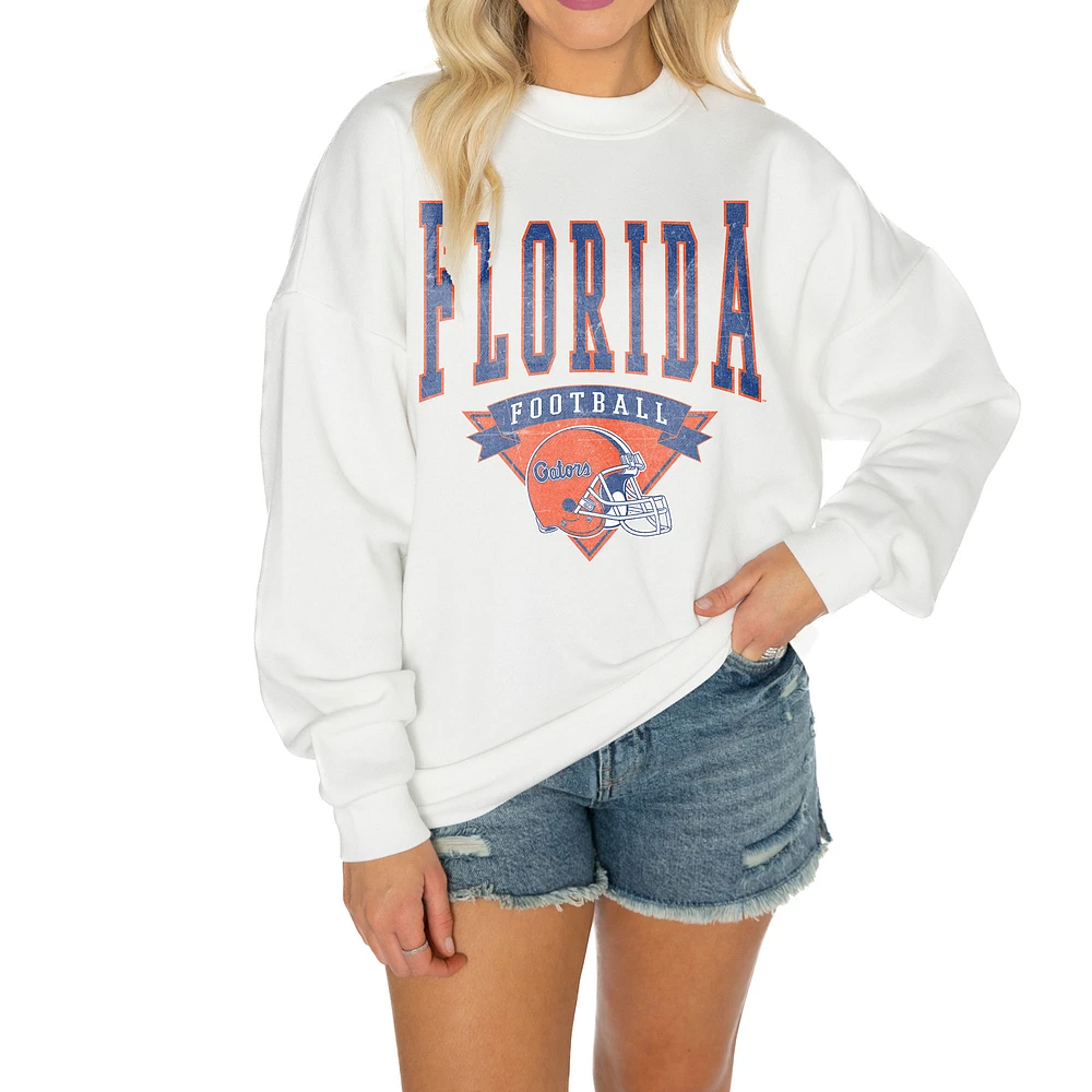 Women's Gameday Couture White Florida Gators Oversized Good Vibes Premium Fleece Drop Shoulder Pullover Sweatshirt