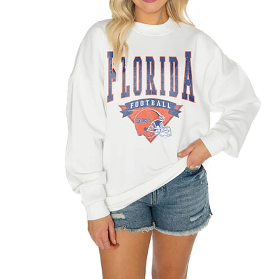 Women's Gameday Couture White Florida Gators Oversized Good Vibes Premium Fleece Drop Shoulder Pullover Sweatshirt