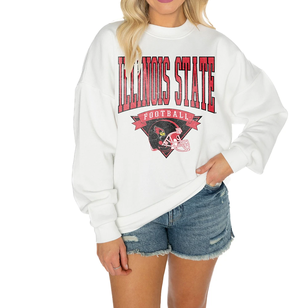 Women's Gameday Couture White Illinois State Redbirds Oversized Good Vibes Premium Fleece Drop Shoulder Pullover Sweatshirt