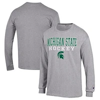 Men's Champion Heather Gray Michigan State Spartans Stack Logo Hockey Powerblend Long Sleeve T-Shirt