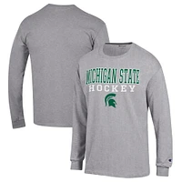 Men's Champion Heather Gray Michigan State Spartans Stack Logo Hockey Powerblend Long Sleeve T-Shirt