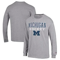 Men's Champion Heather Gray Michigan Wolverines Stack Logo Hockey Powerblend Long Sleeve T-Shirt