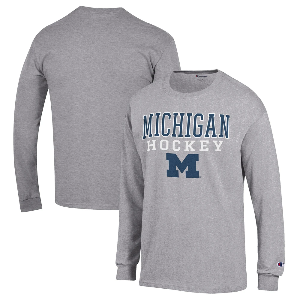 Men's Champion Heather Gray Michigan Wolverines Stack Logo Hockey Powerblend Long Sleeve T-Shirt