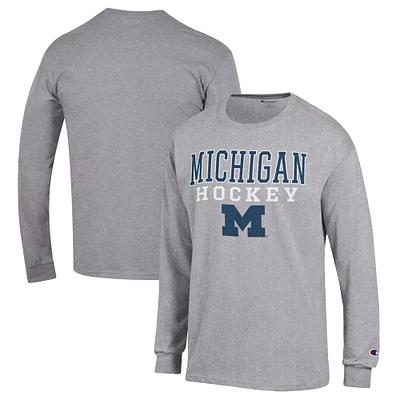 Men's Champion Heather Gray Michigan Wolverines Stack Logo Hockey Powerblend Long Sleeve T-Shirt