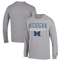 Men's Champion Heather Gray Michigan Wolverines Stack Logo Hockey Powerblend Long Sleeve T-Shirt