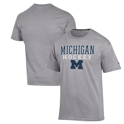 Men's Champion Heather Gray Michigan Wolverines Stack Logo Hockey Powerblend T-Shirt