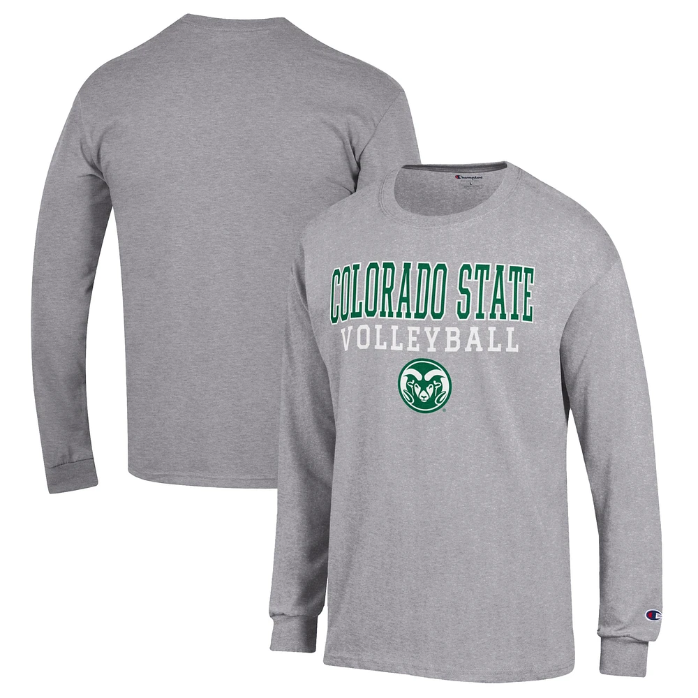 Men's Champion Heather Gray Colorado State Rams Stack Logo Volleyball Powerblend Long Sleeve T-Shirt