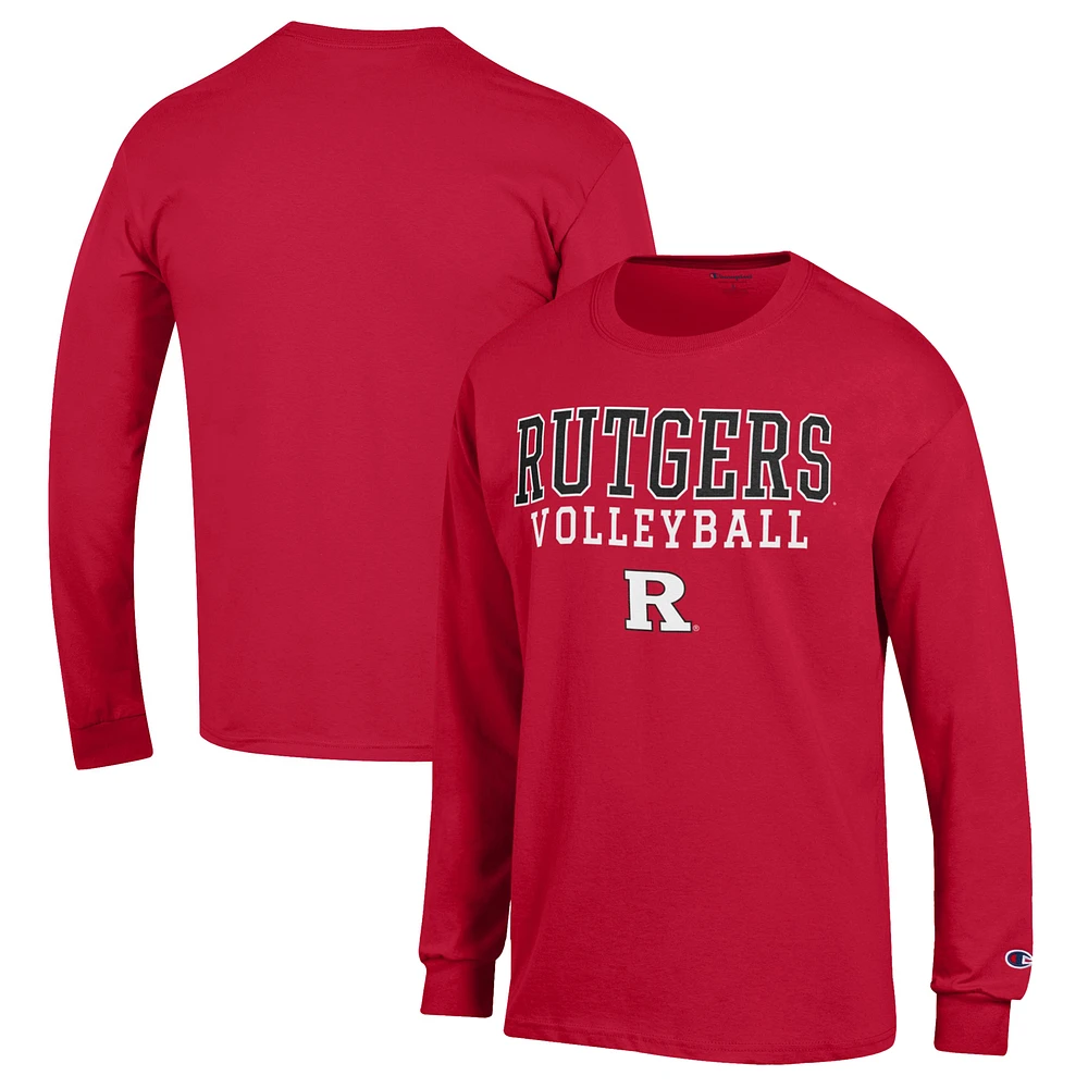 Men's Champion Scarlet Rutgers Knights Stack Logo Volleyball Powerblend Long Sleeve T-Shirt