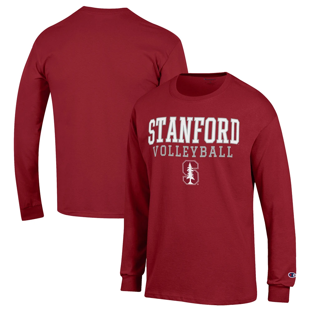 Men's Champion Cardinal Stanford Stack Logo Volleyball Powerblend Long Sleeve T-Shirt
