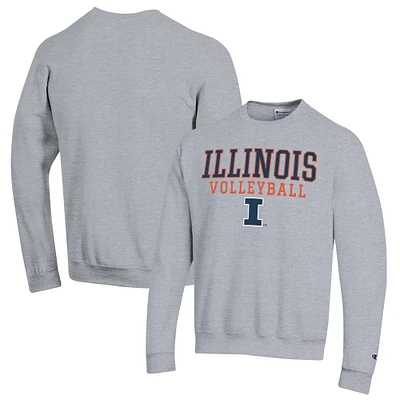 Men's Champion Heather Gray Illinois Fighting Illini Stack Logo Volleyball Powerblend Pullover Sweatshirt