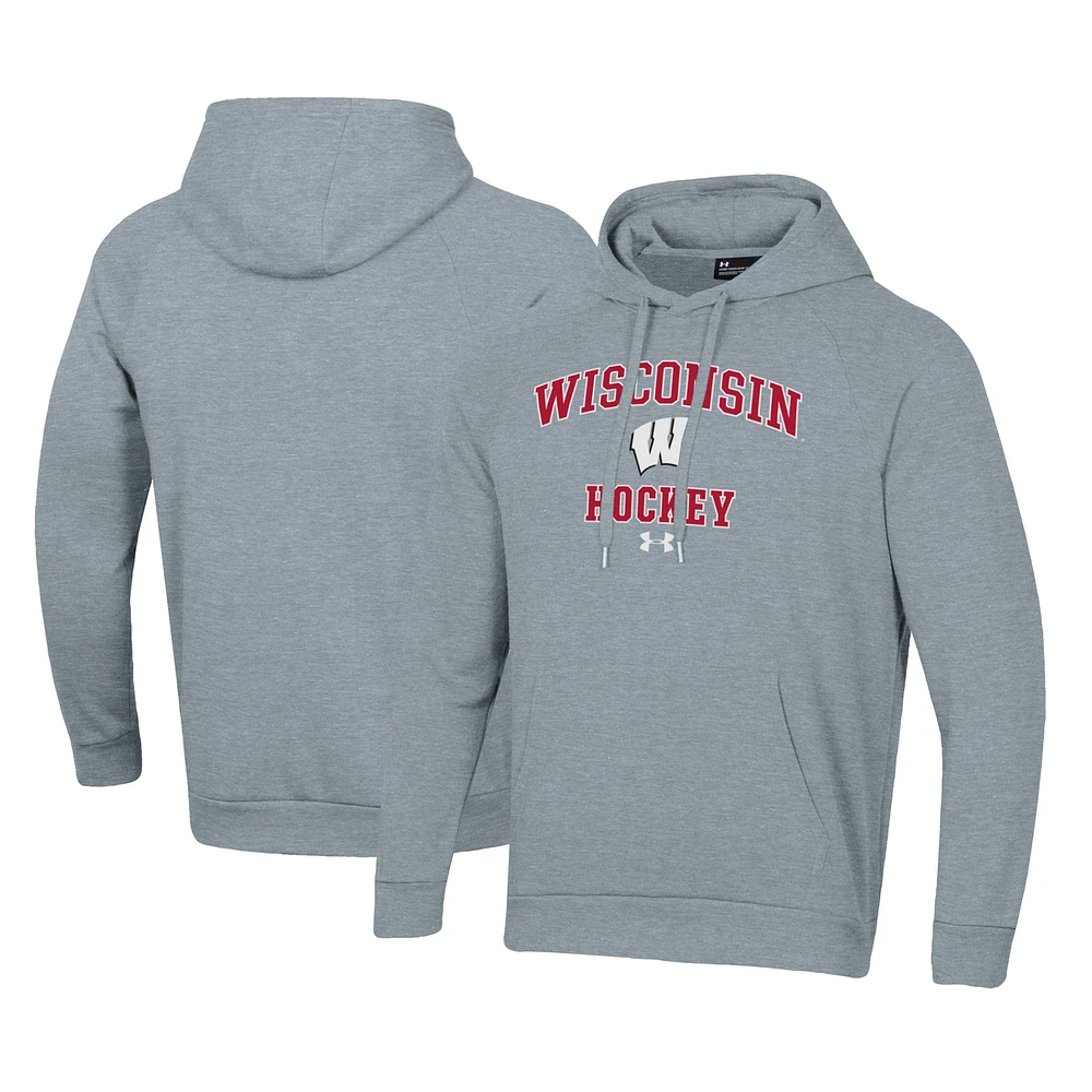 Men's Under Armour Gray Wisconsin Badgers Hockey All Day Arch Fleece Pullover Hoodie