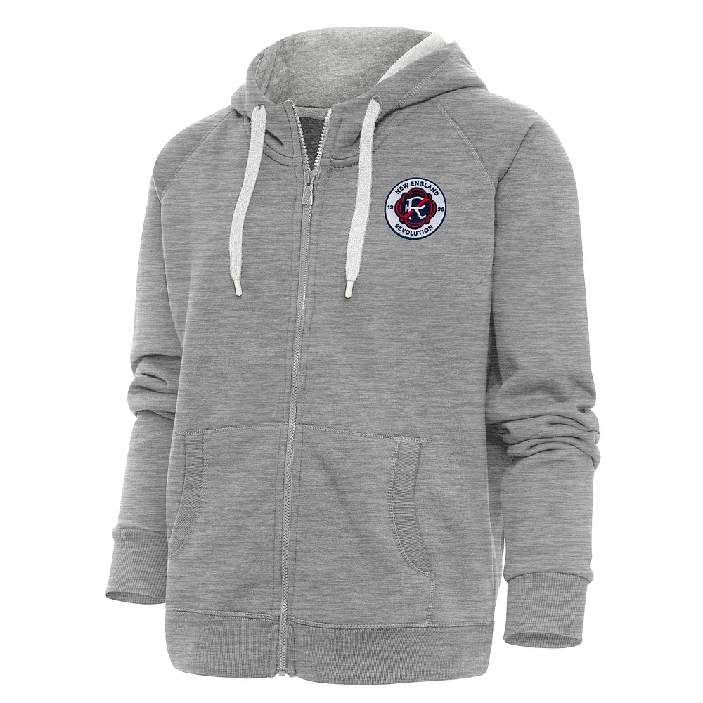 Women's Antigua Heather Gray New England Revolution Logo Victory Full-Zip Hoodie