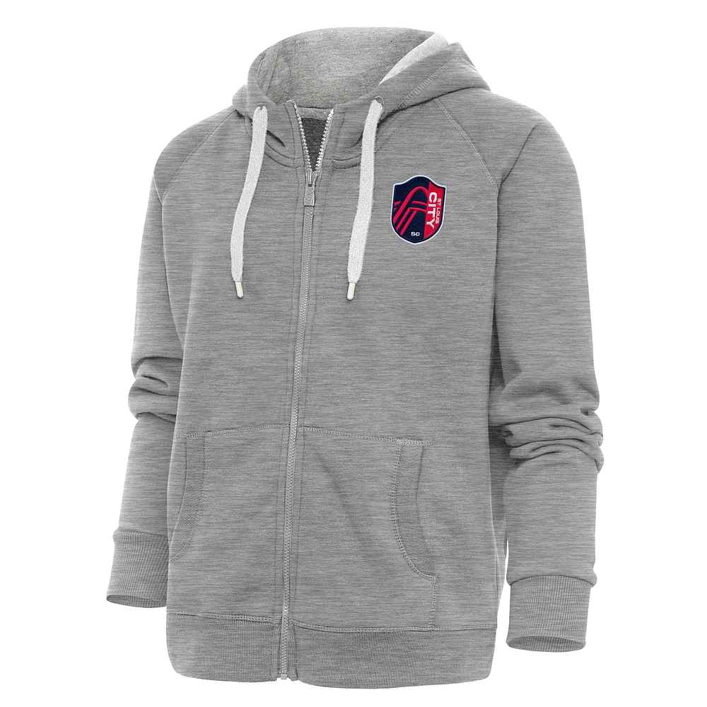 Women's Antigua Heather Gray St. Louis City SC Logo Victory Full-Zip Hoodie