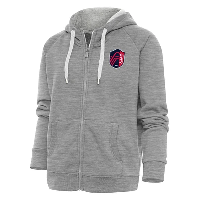 Women's Antigua Heather Gray St. Louis City SC Logo Victory Full-Zip Hoodie