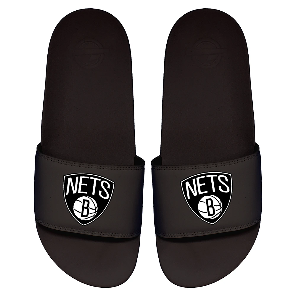 Youth ISlide Black Brooklyn Nets Primary Logo Motto Slide Sandals