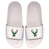 Youth ISlide White Milwaukee Bucks Primary Logo Motto Slide Sandals