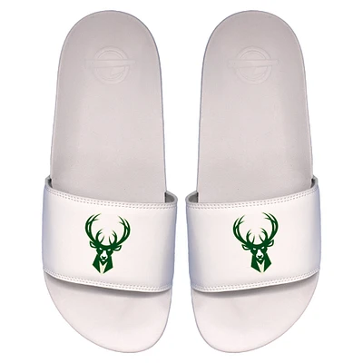 Youth ISlide White Milwaukee Bucks Primary Logo Motto Slide Sandals