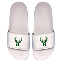 Youth ISlide White Milwaukee Bucks Primary Logo Motto Slide Sandals