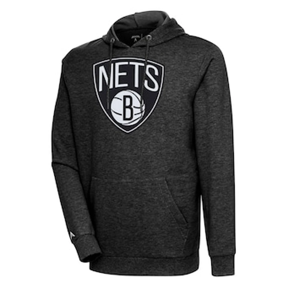 Men's Antigua Heather Black Brooklyn Nets Action Pullover Hoodie