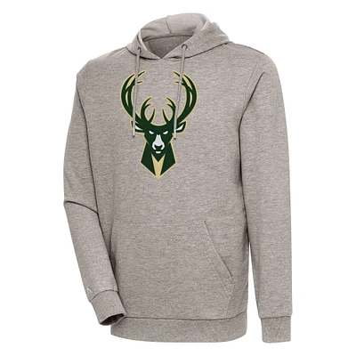 Men's Antigua Oatmeal Milwaukee Bucks Action Pullover Hoodie