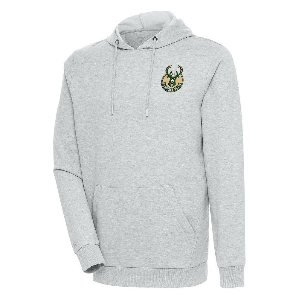 Men's Antigua Heather Gray Milwaukee Bucks Action Pullover Hoodie