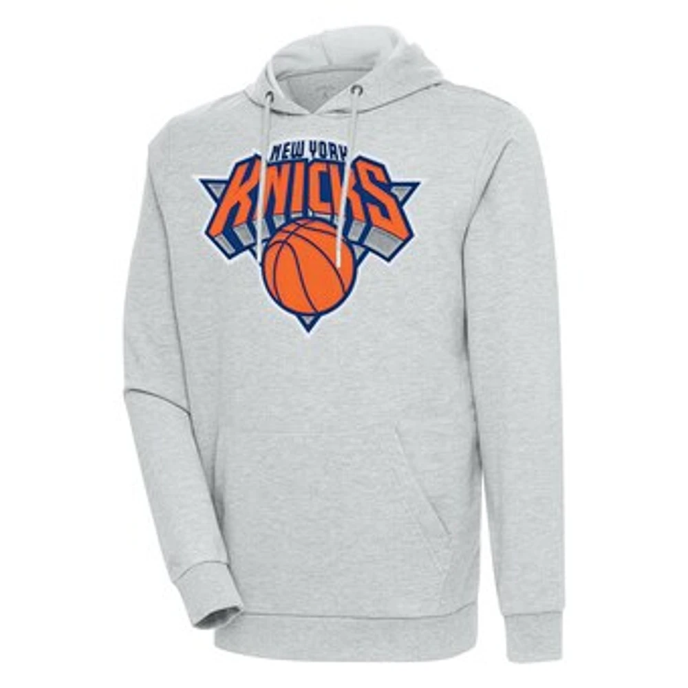 Men's Antigua Heather Gray New York Knicks Action Pullover Hoodie