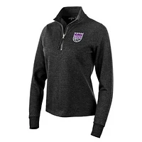 Women's Antigua Heather Black Sacramento Kings Action Quarter-Zip Pullover Sweatshirt