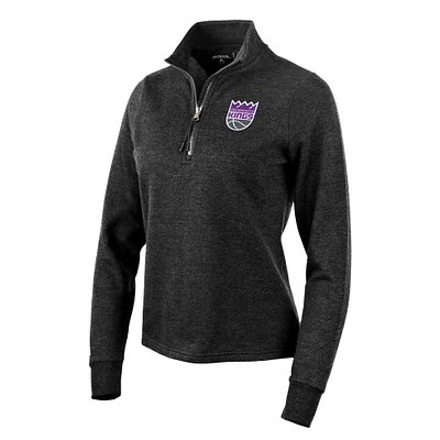 Women's Antigua Heather Black Sacramento Kings Action Quarter-Zip Pullover Sweatshirt