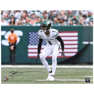 Ahmad Sauce Gardner New York Jets Autographed 16"x 20" White Jersey Backpedal Photograph