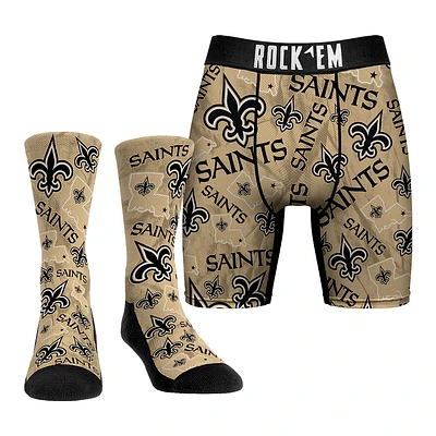 Men's Rock Em Socks New Orleans Saints All-Over Logo Underwear and Crew Combo Pack