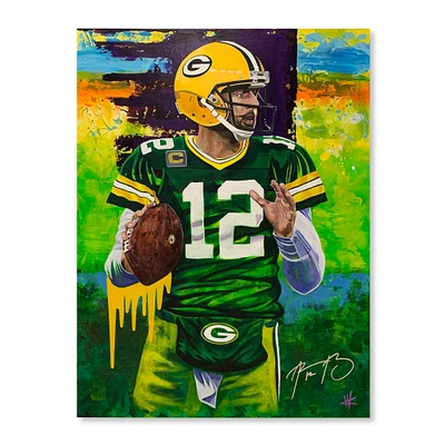 Aaron Rodgers Green Bay Packers Autographed Stretched 36" x 48" Original Canvas Artwork - Art by Cortney Wall - #1 of Limited Edition 1
