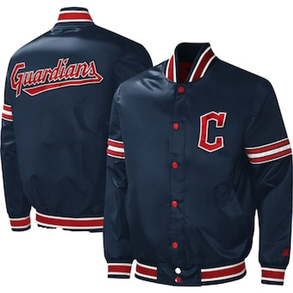 Men's Starter Navy Cleveland Guardians Midfield Satin Full-Snap Varsity Jacket