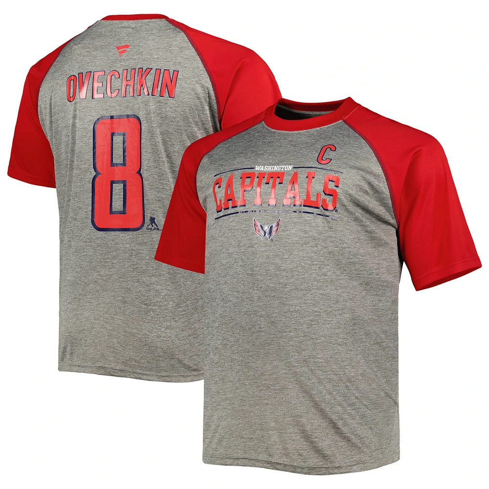 Men's Fanatics Alexander Ovechkin Heather Gray/Red Washington Capitals Big & Tall Captain Patch Contrast Raglan Name Number T-Shirt