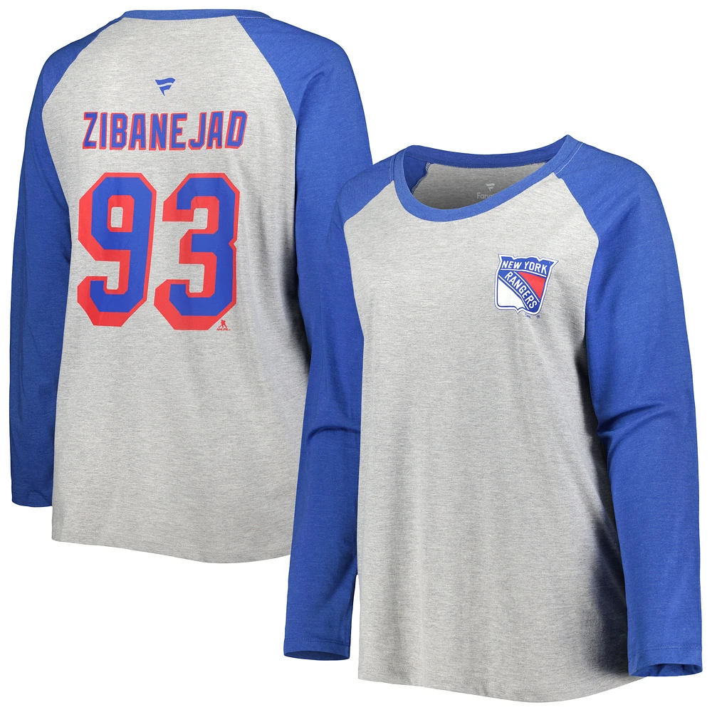 Women's Fanatics Mika Zibanejad Heather Gray/Heather Blue New York Rangers Plus Size Name & Number Raglan Long Sleeve T-Shirt