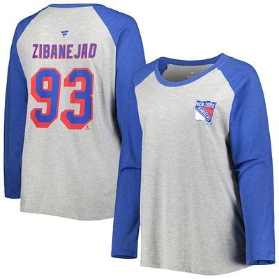 Women's Fanatics Mika Zibanejad Heather Gray/Heather Blue New York Rangers Plus Size Name & Number Raglan Long Sleeve T-Shirt