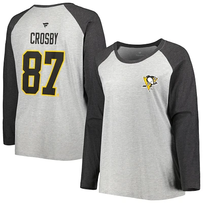 Women's Fanatics Sidney Crosby Heather Gray/Heather Charcoal Pittsburgh Penguins Plus Name & Number Raglan Long Sleeve T-Shirt