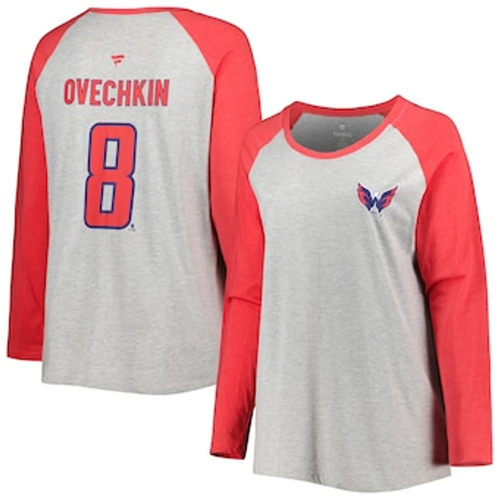 Women's Fanatics Alexander Ovechkin Heather Gray/Heather Red Washington Capitals Plus Name & Number Raglan Long Sleeve T-Shirt