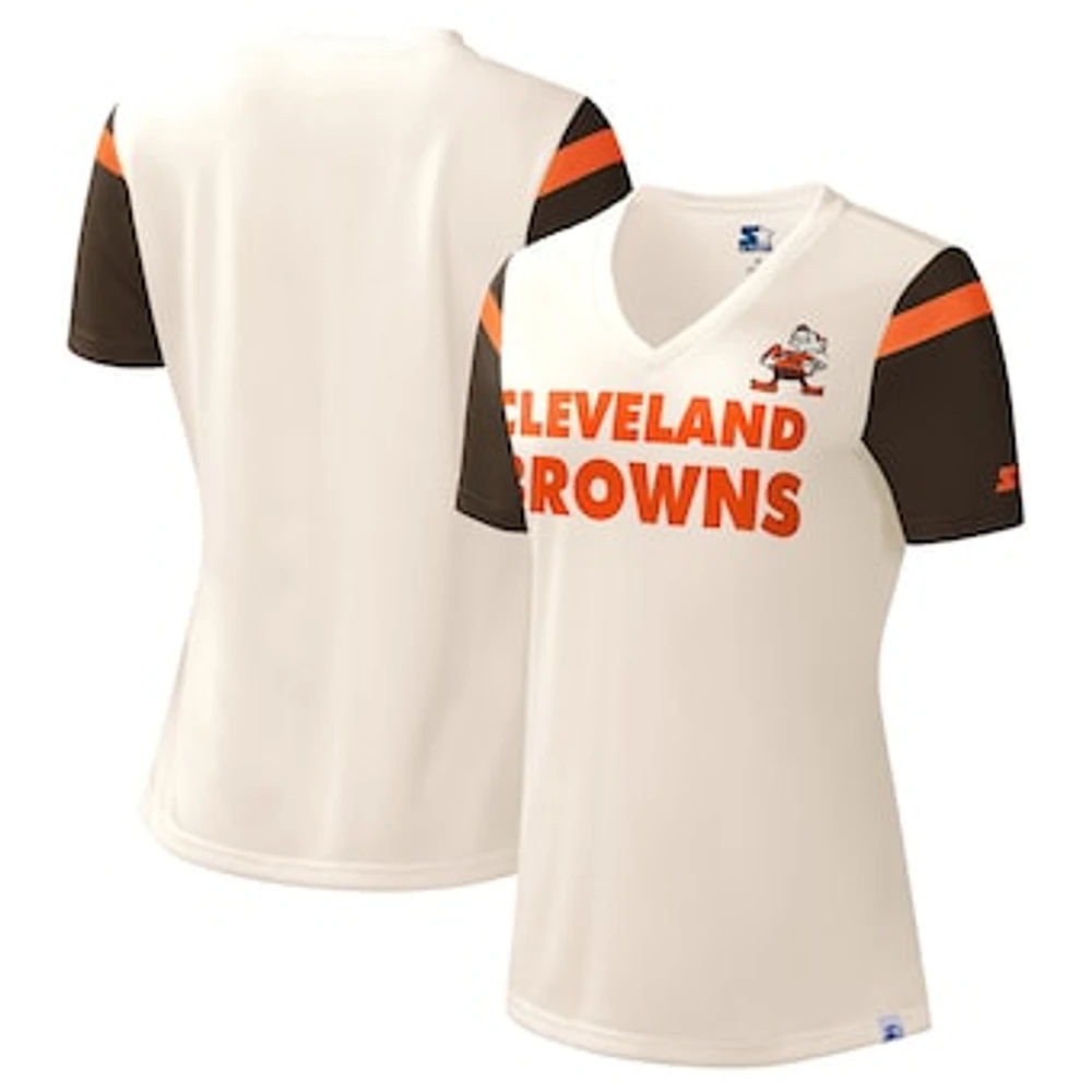 Women's Starter Cream Cleveland Browns Kick Start V-Neck T-Shirt