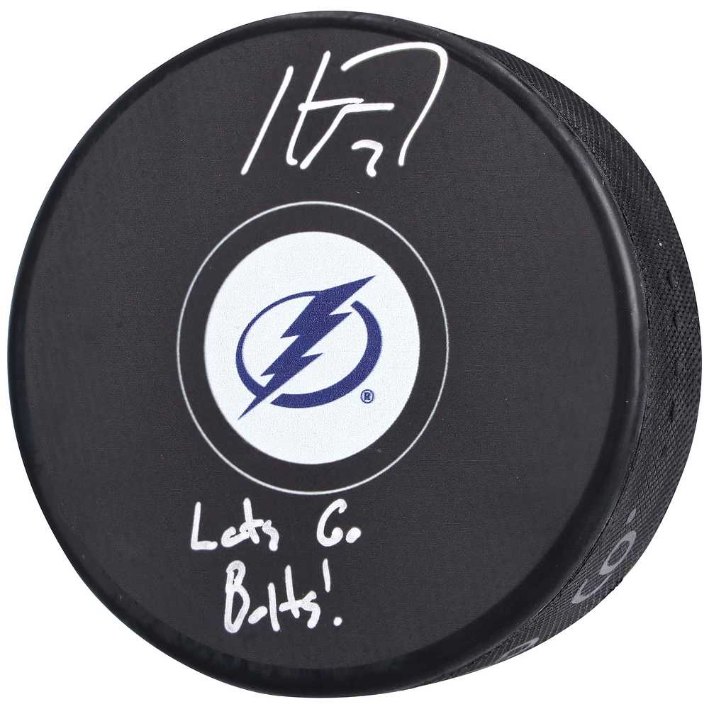 Haydn Fleury Tampa Bay Lightning Autographed Hockey Puck with "Lets Go Bolts!" Inscription