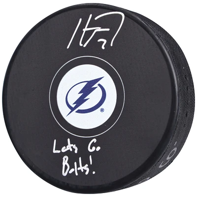 Haydn Fleury Tampa Bay Lightning Autographed Hockey Puck with "Lets Go Bolts!" Inscription