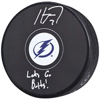 Haydn Fleury Tampa Bay Lightning Autographed Hockey Puck with "Lets Go Bolts!" Inscription
