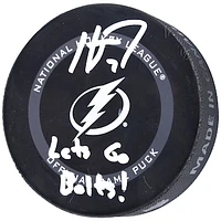 Haydn Fleury Tampa Bay Lightning Autographed Official Game Puck with "Lets Go Bolts!" Inscription