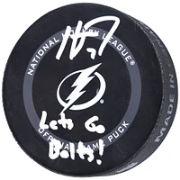 Haydn Fleury Tampa Bay Lightning Autographed Official Game Puck with "Lets Go Bolts!" Inscription