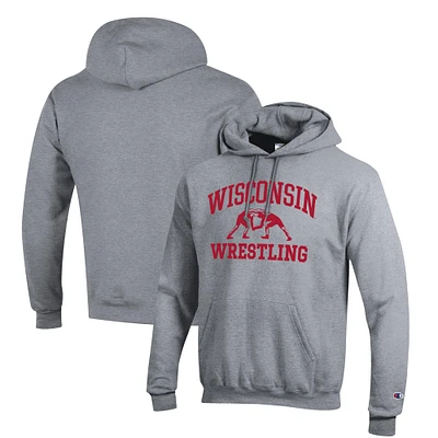 Men's Champion Gray Wisconsin Badgers Wrestling Icon Pullover Hoodie