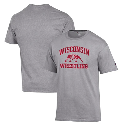 Men's Champion Gray Wisconsin Badgers Wrestling Icon T-Shirt