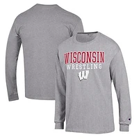 Men's Champion Gray Wisconsin Badgers Wrestling Stack Logo Long Sleeve T-Shirt