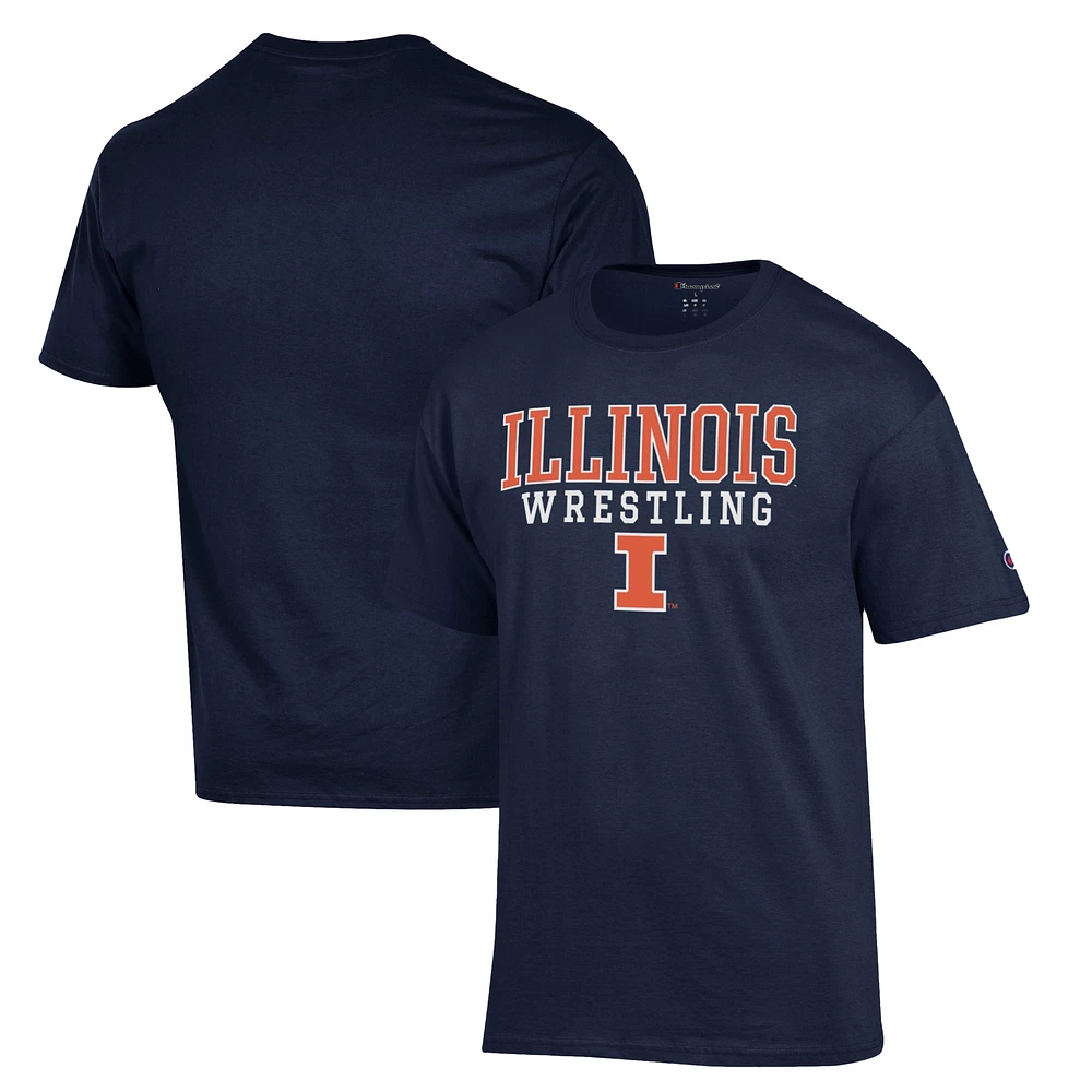 Men's Champion Navy Illinois Fighting Illini Wrestling Stack Logo T-Shirt